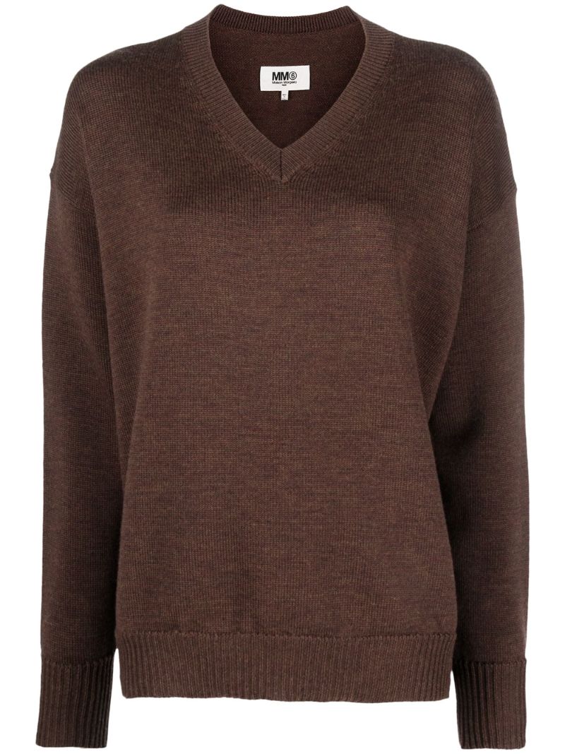 Brown Knitted Logo Distressed Wool Sweater