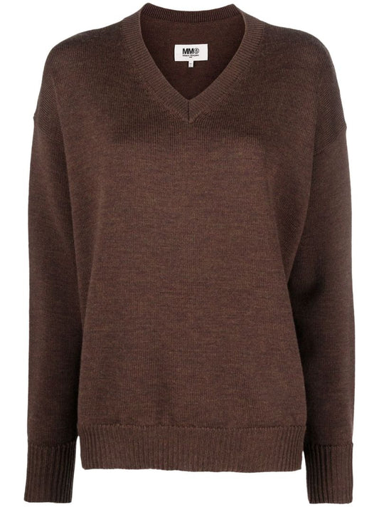 Brown Knitted Logo Distressed Wool Sweater