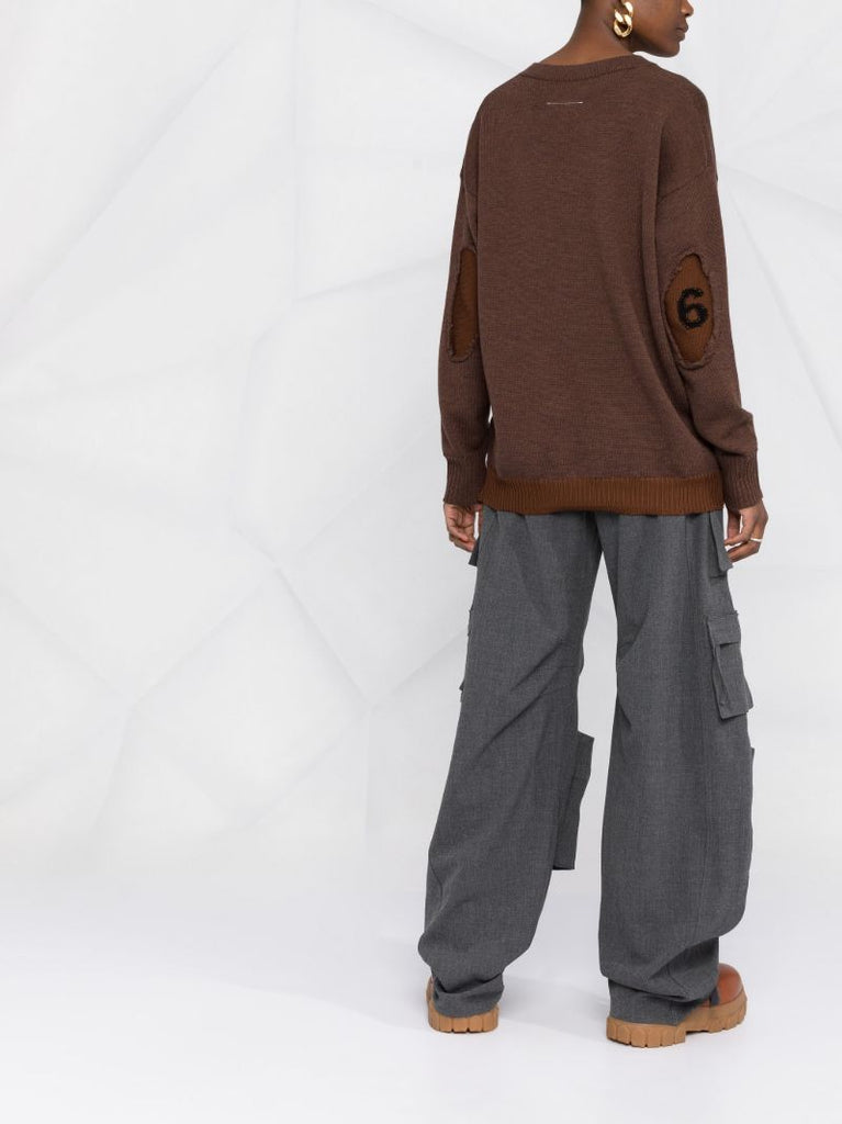 Brown Knitted Logo Distressed Wool Sweater