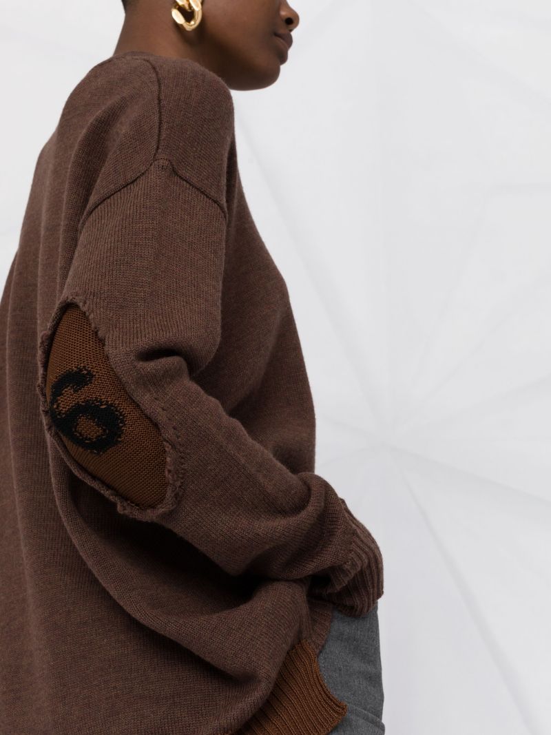 Brown Knitted Logo Distressed Wool Sweater
