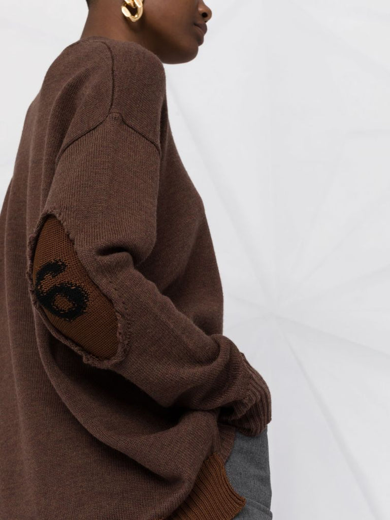 Brown Knitted Logo Distressed Wool Sweater