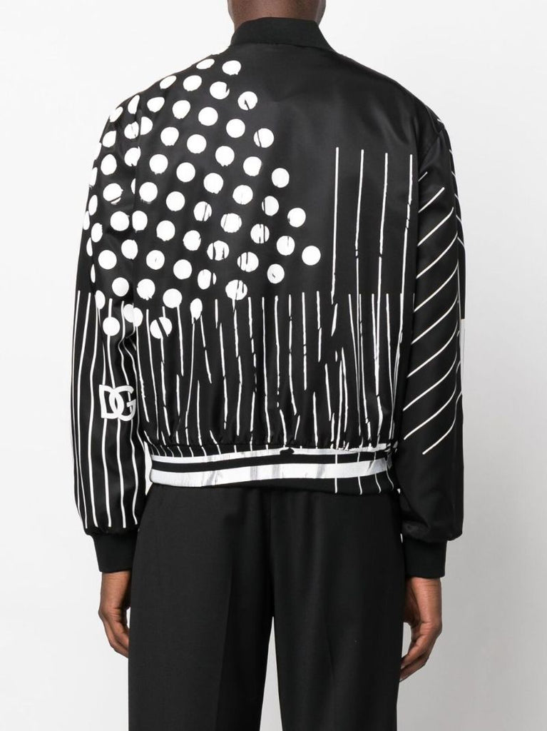 Black Polka Dot Stripe Print Bomber Jacket