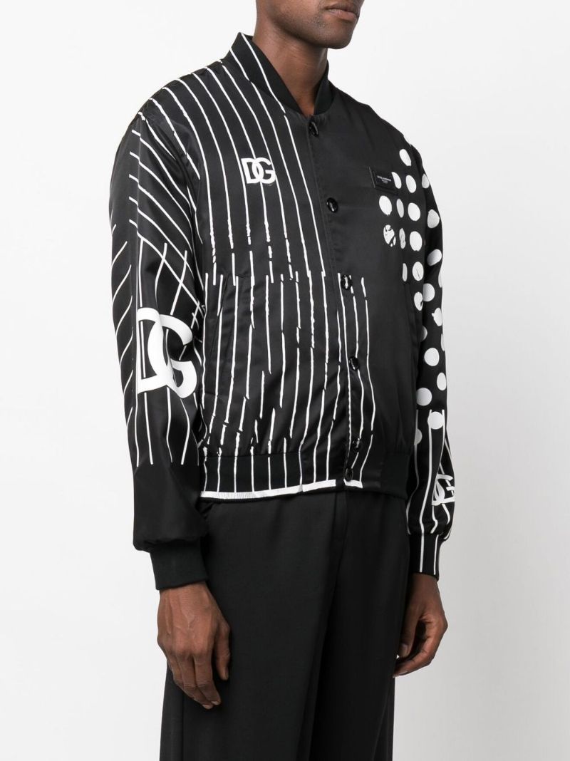Black Polka Dot Stripe Print Bomber Jacket