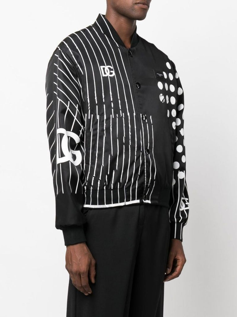 Black Polka Dot Stripe Print Bomber Jacket