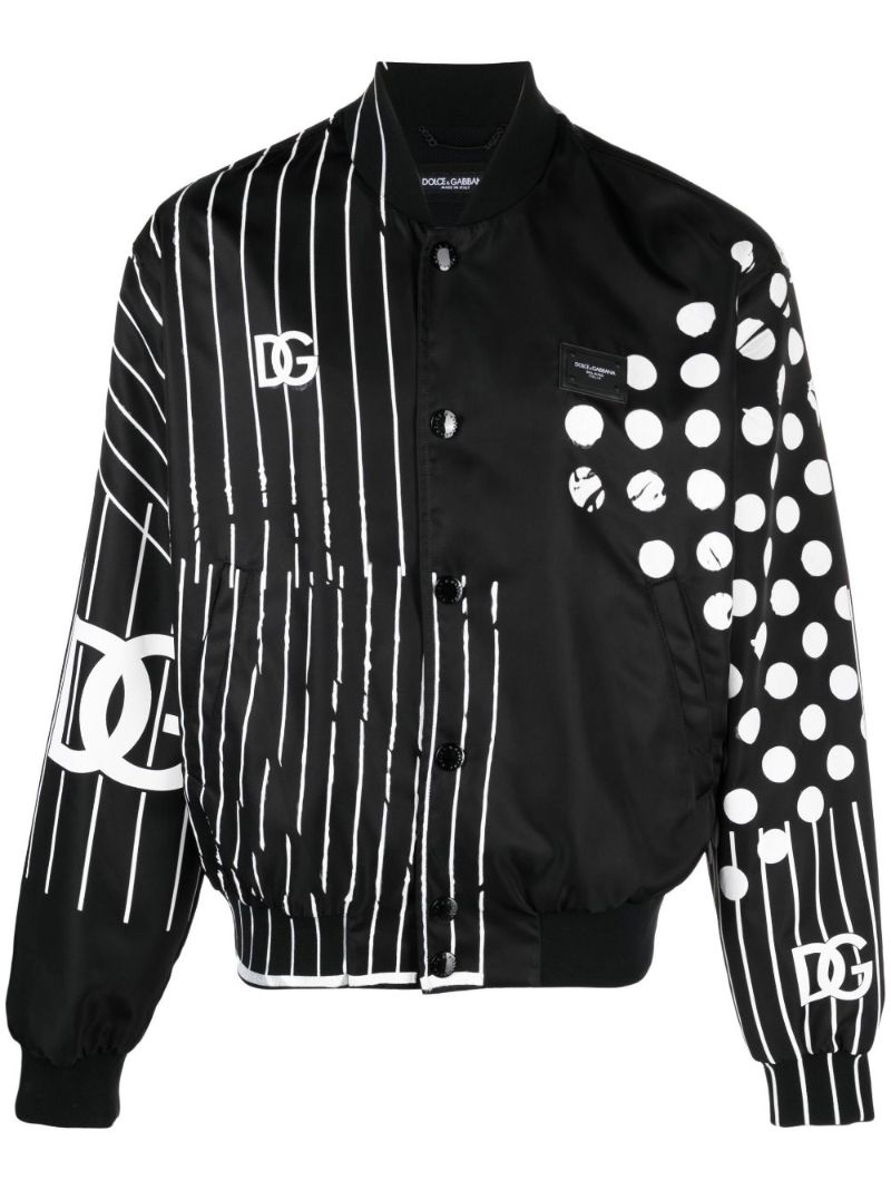 Black Polka Dot Stripe Print Bomber Jacket