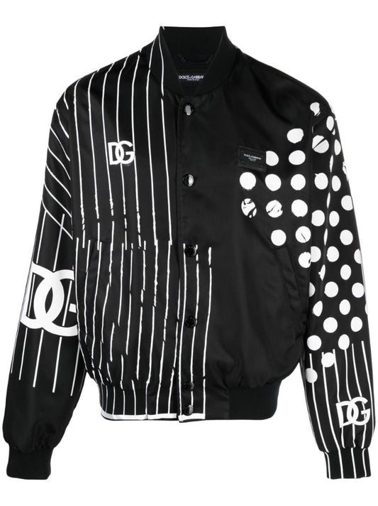 Black Polka Dot Stripe Print Bomber Jacket
