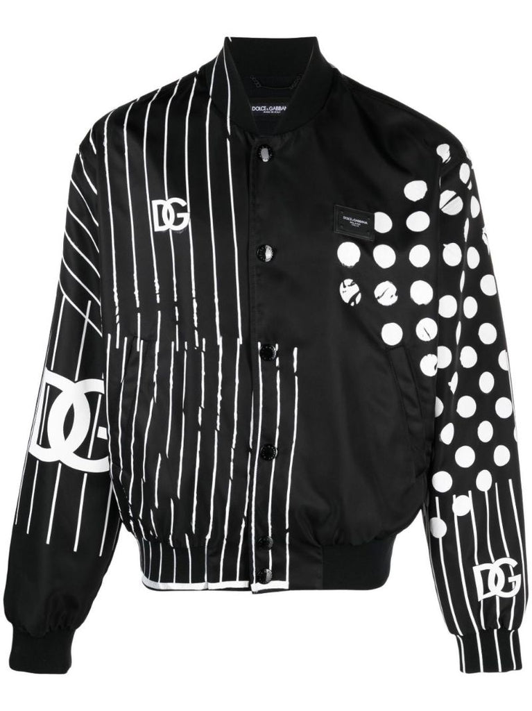 Black Polka Dot Stripe Print Bomber Jacket
