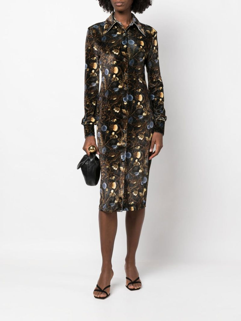 Green Floral Print Velvet Midi Dress