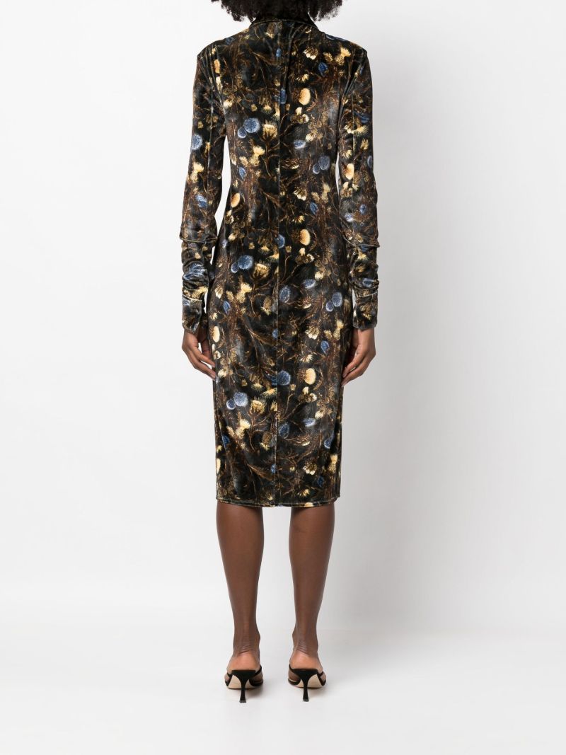 Green Floral Print Velvet Midi Dress