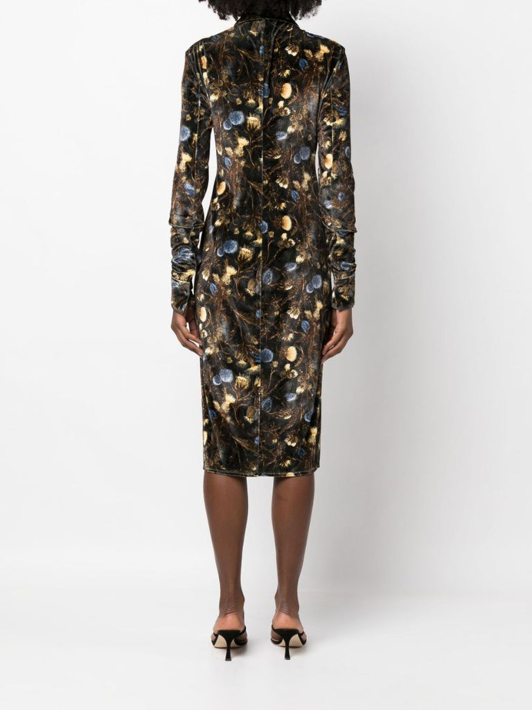Green Floral Print Velvet Midi Dress