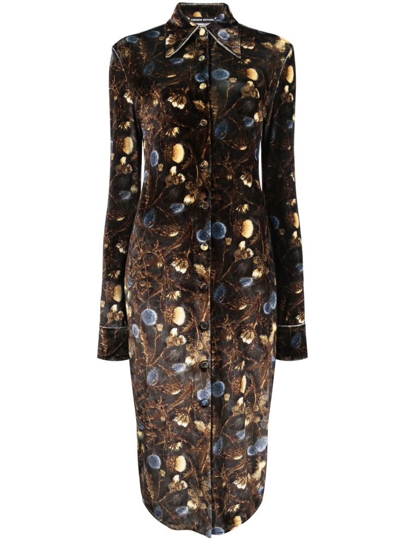Green Floral Print Velvet Midi Dress