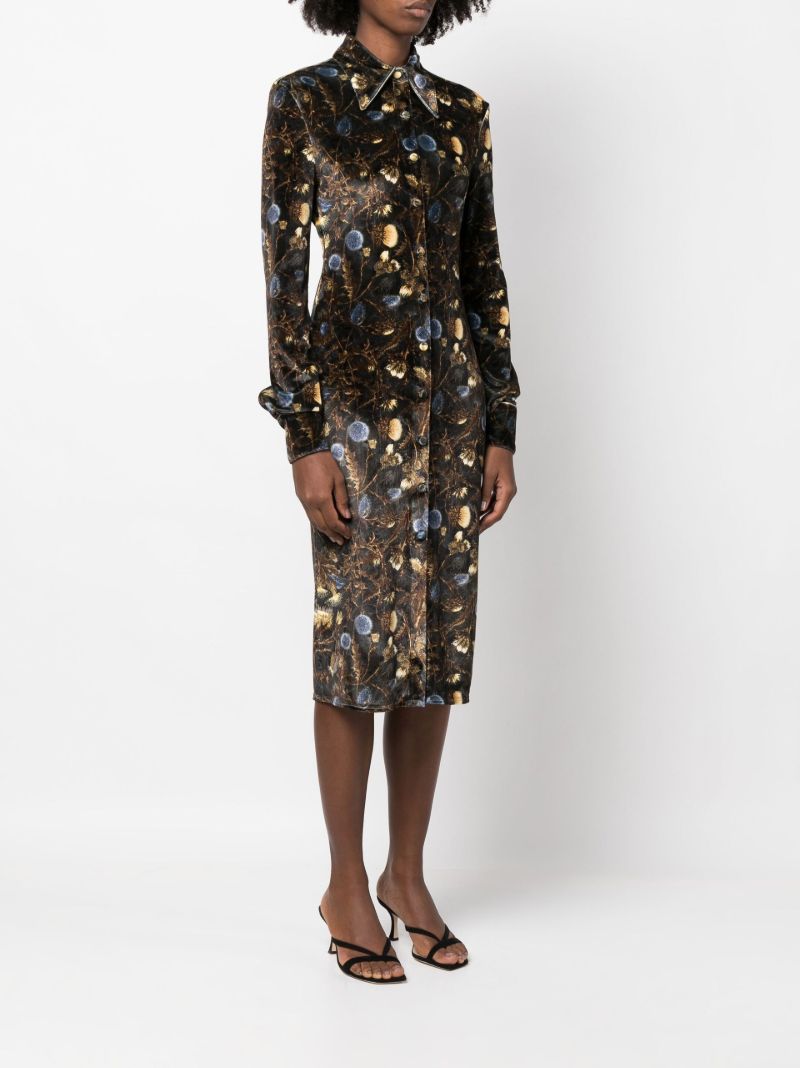 Green Floral Print Velvet Midi Dress