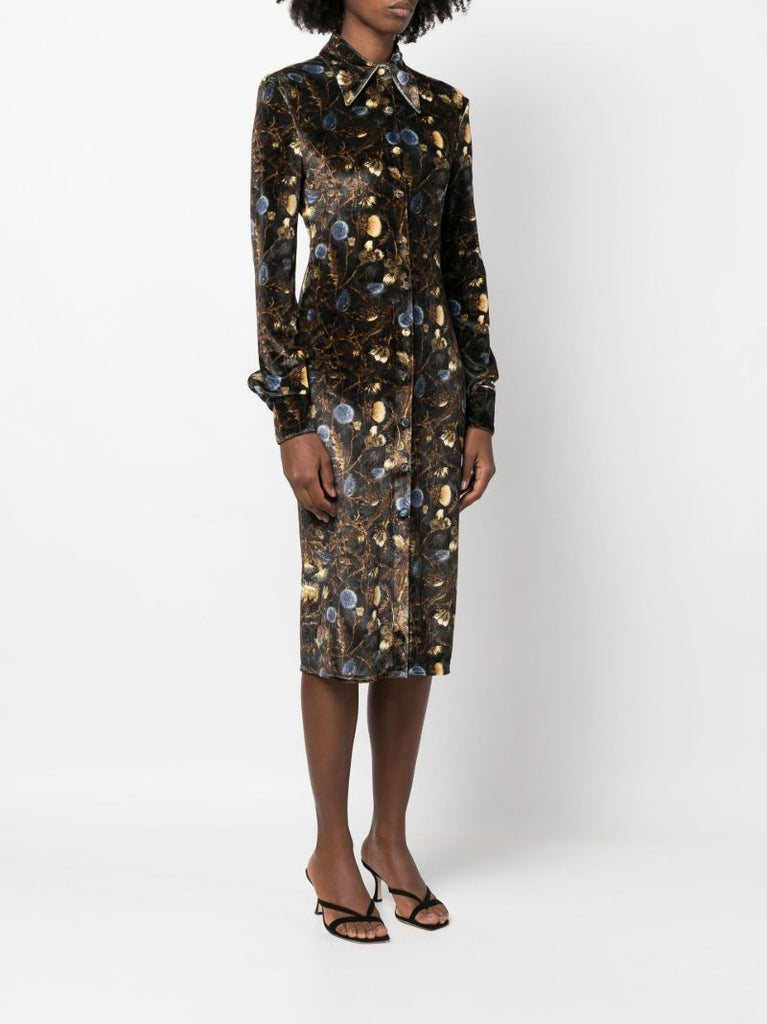 Green Floral Print Velvet Midi Dress