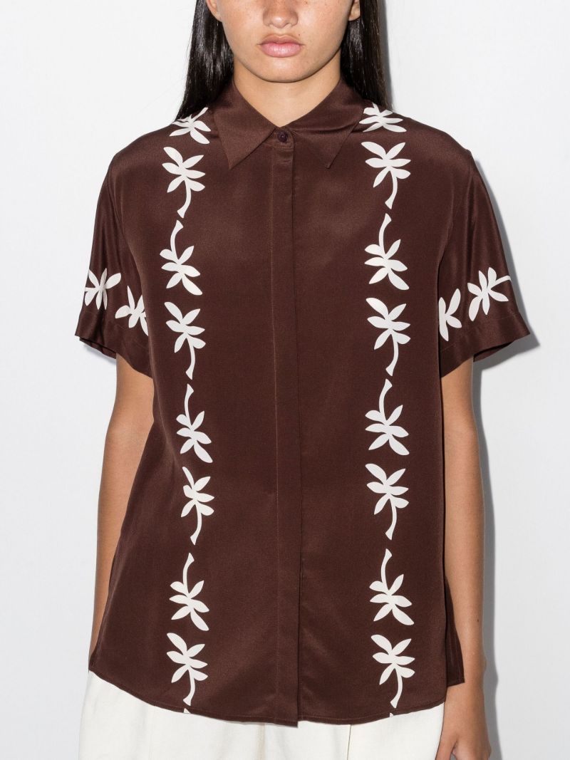 Brown Short Sleeve Printed Silk Shirt