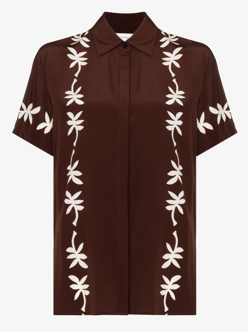 Brown Short Sleeve Printed Silk Shirt