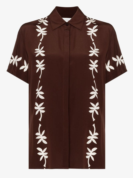 Brown Short Sleeve Printed Silk Shirt