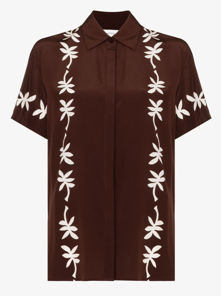 Brown Short Sleeve Printed Silk Shirt