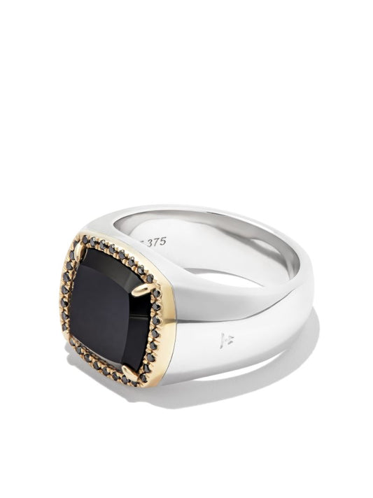 9k Yellow Gold and Sterling Silver May Onyx Diamond Signet Ring