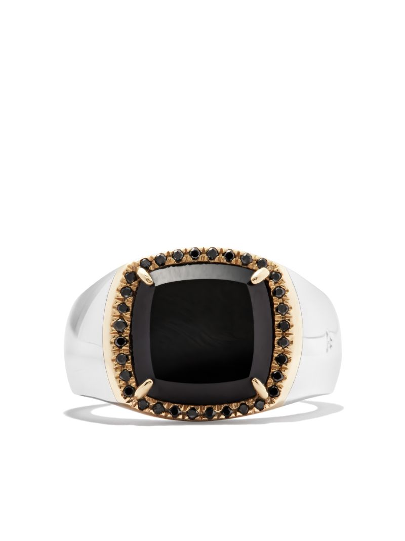 9k Yellow Gold and Sterling Silver May Onyx Diamond Signet Ring