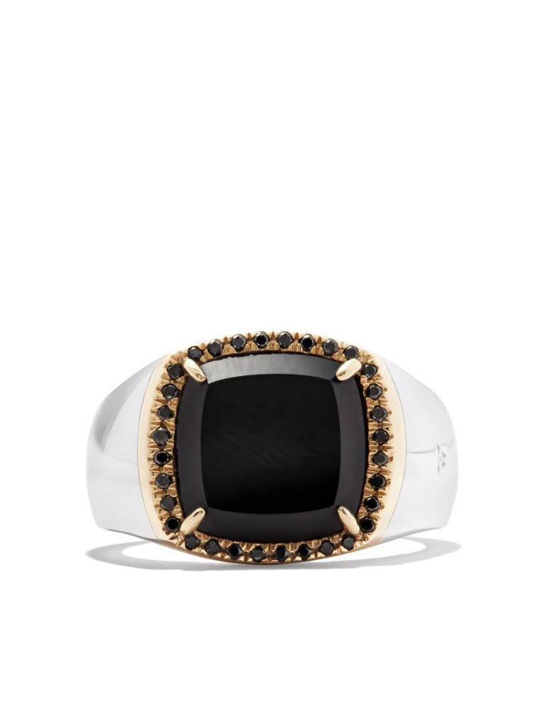 9k Yellow Gold and Sterling Silver May Onyx Diamond Signet Ring