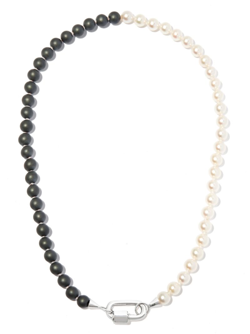 14k White Gold Akoya Pearl and Buffed Hematite Half & Half Strand Necklace