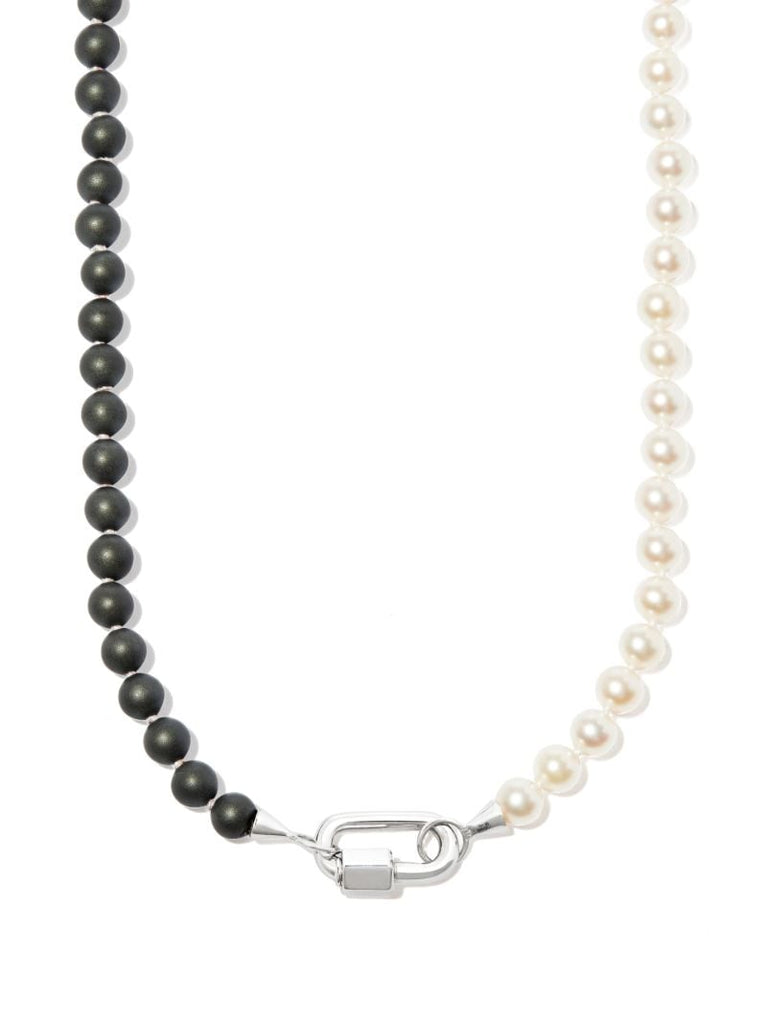 14k White Gold Akoya Pearl and Buffed Hematite Half & Half Strand Necklace