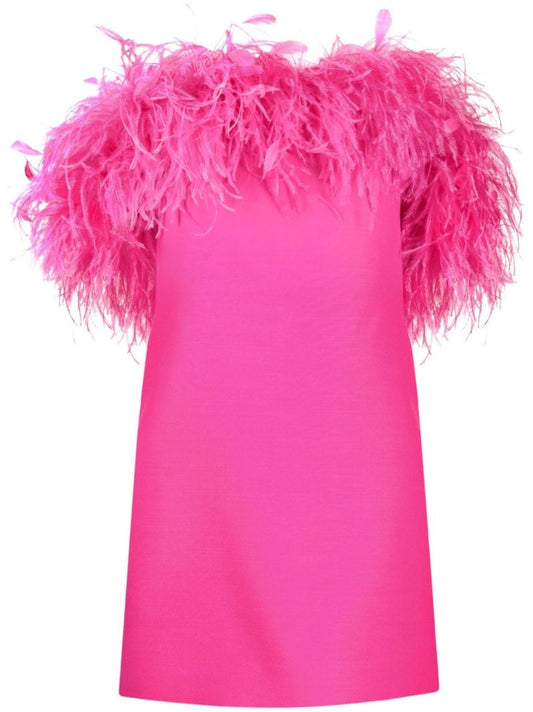Pink Feather-trim Crepe Couture Mini Dress