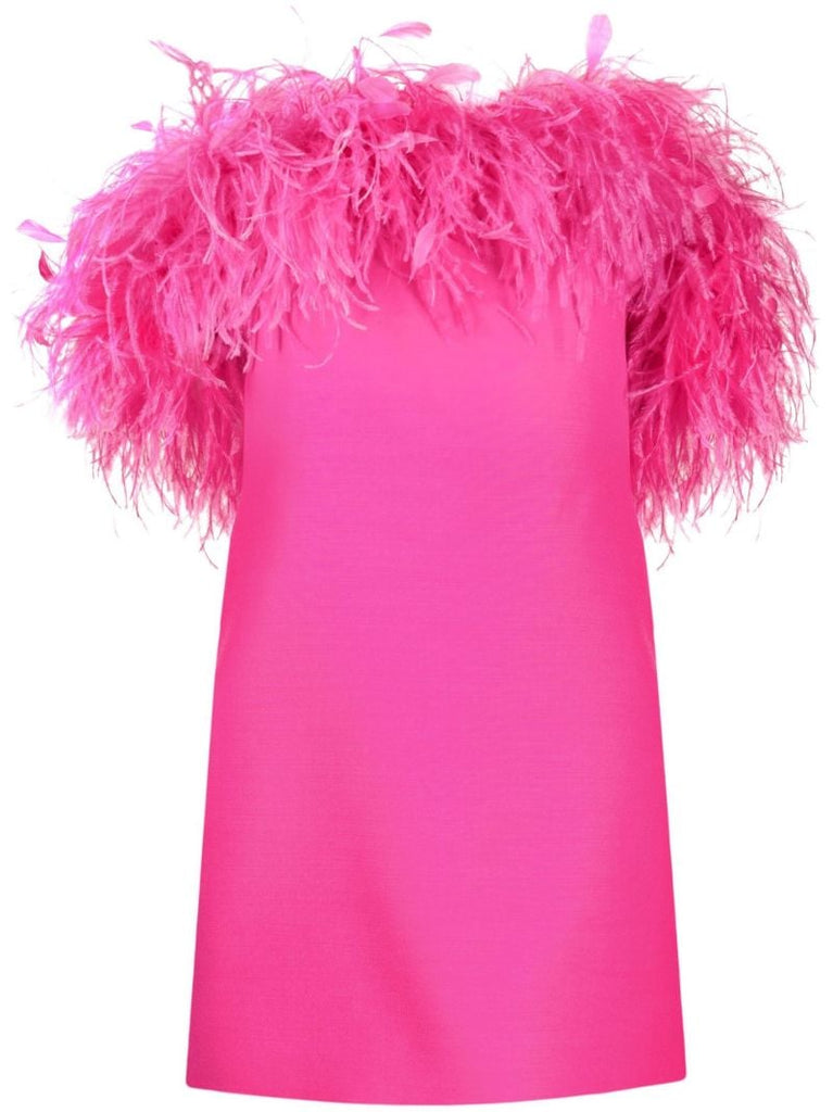 Pink Feather-trim Crepe Couture Mini Dress