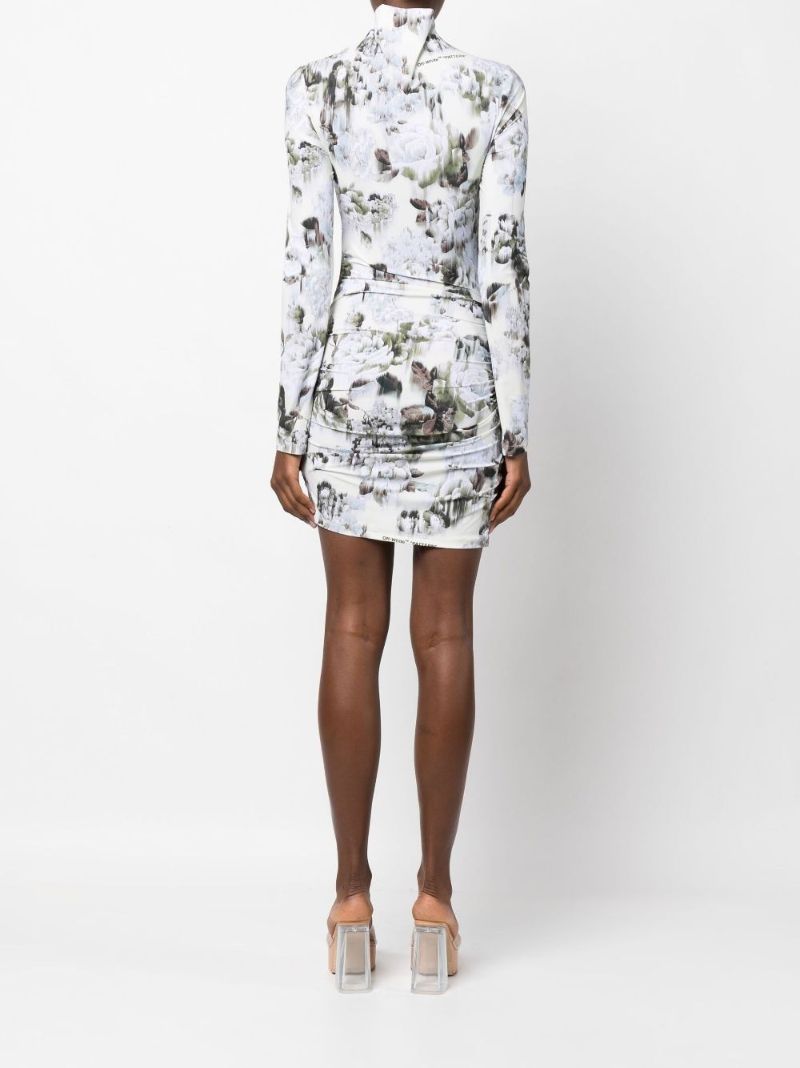 Grey Chine Floral Print Ruched Mini Dress