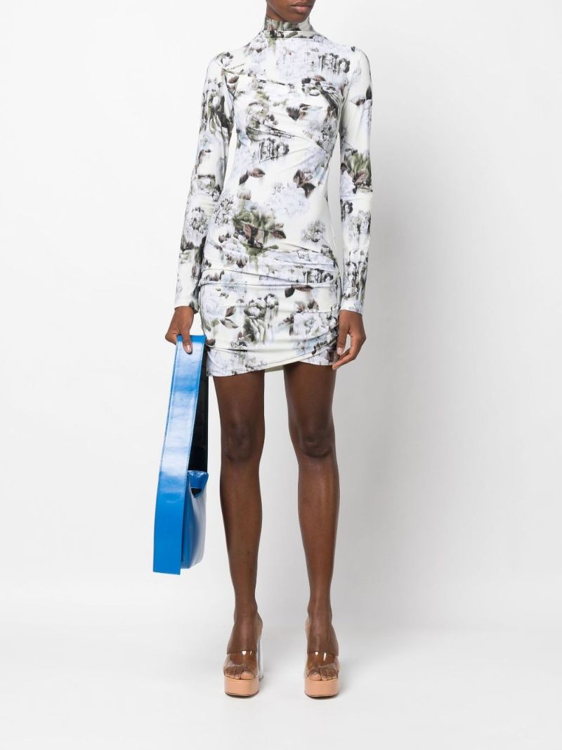 Grey Chine Floral Print Ruched Mini Dress