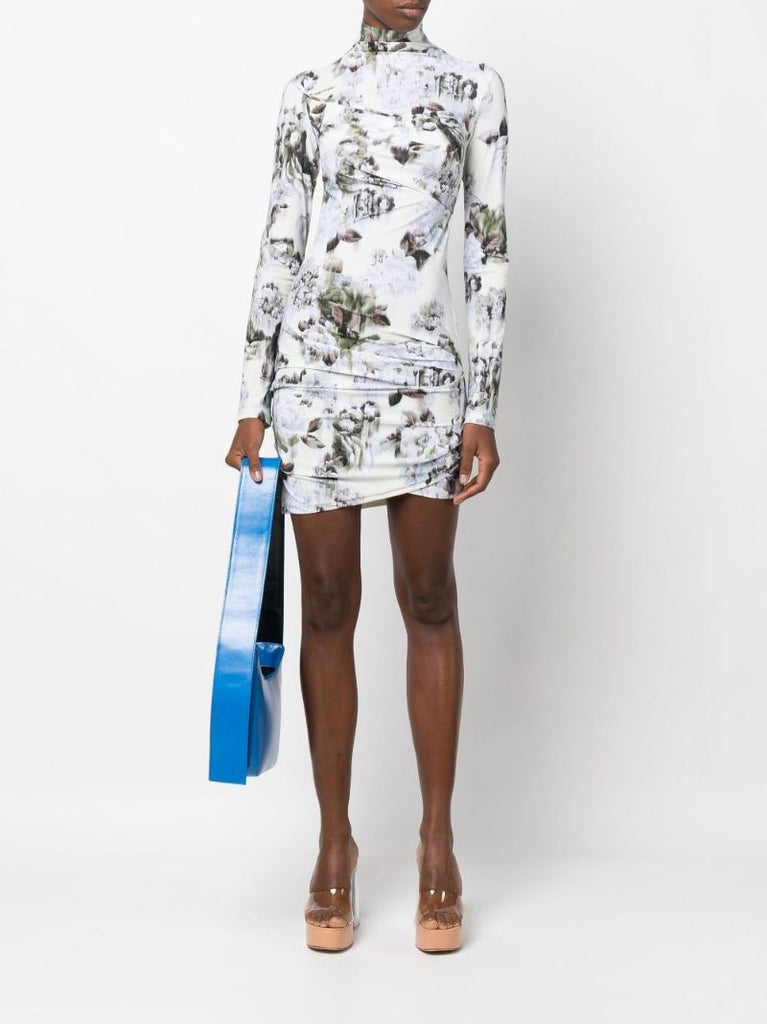 Grey Chine Floral Print Ruched Mini Dress