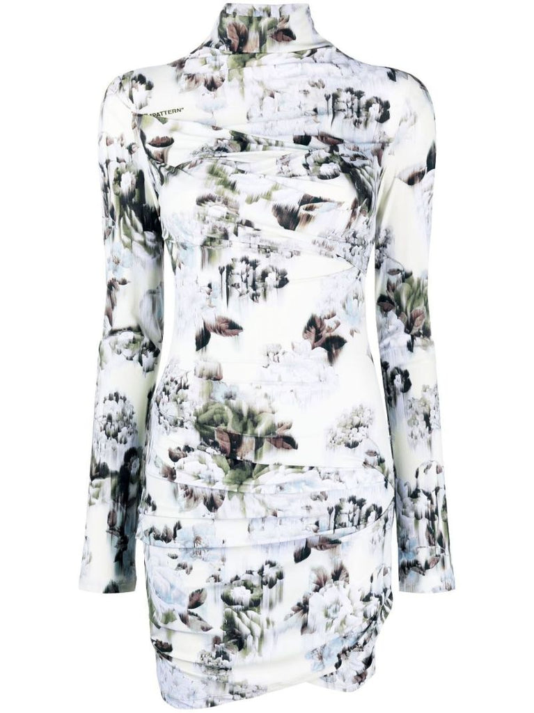 Grey Chine Floral Print Ruched Mini Dress