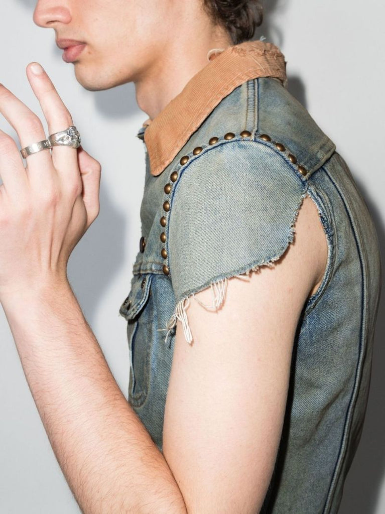 Blue Studded Short-sleeve Denim Jacket