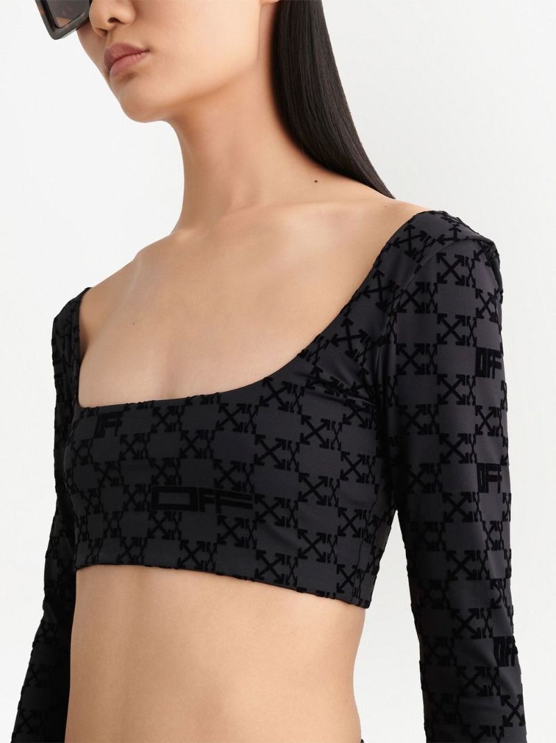 Black Flocked Monogram Crop Top