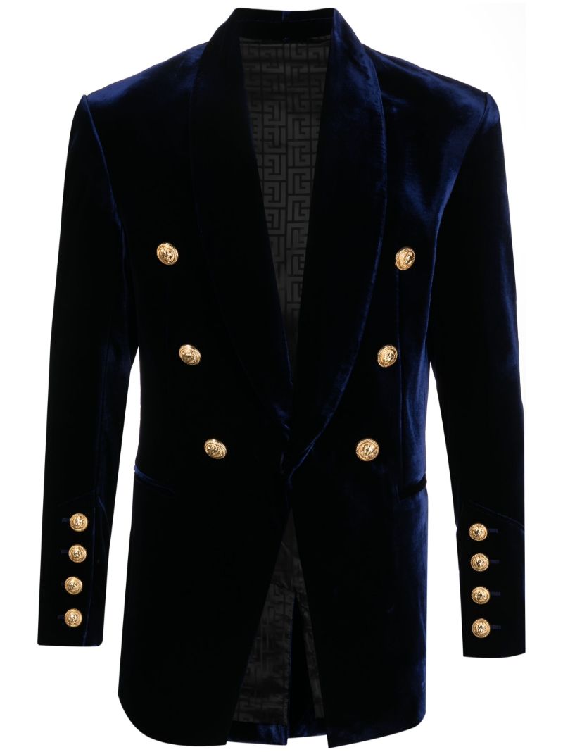 Navy Double-breasted Velvet Blazer