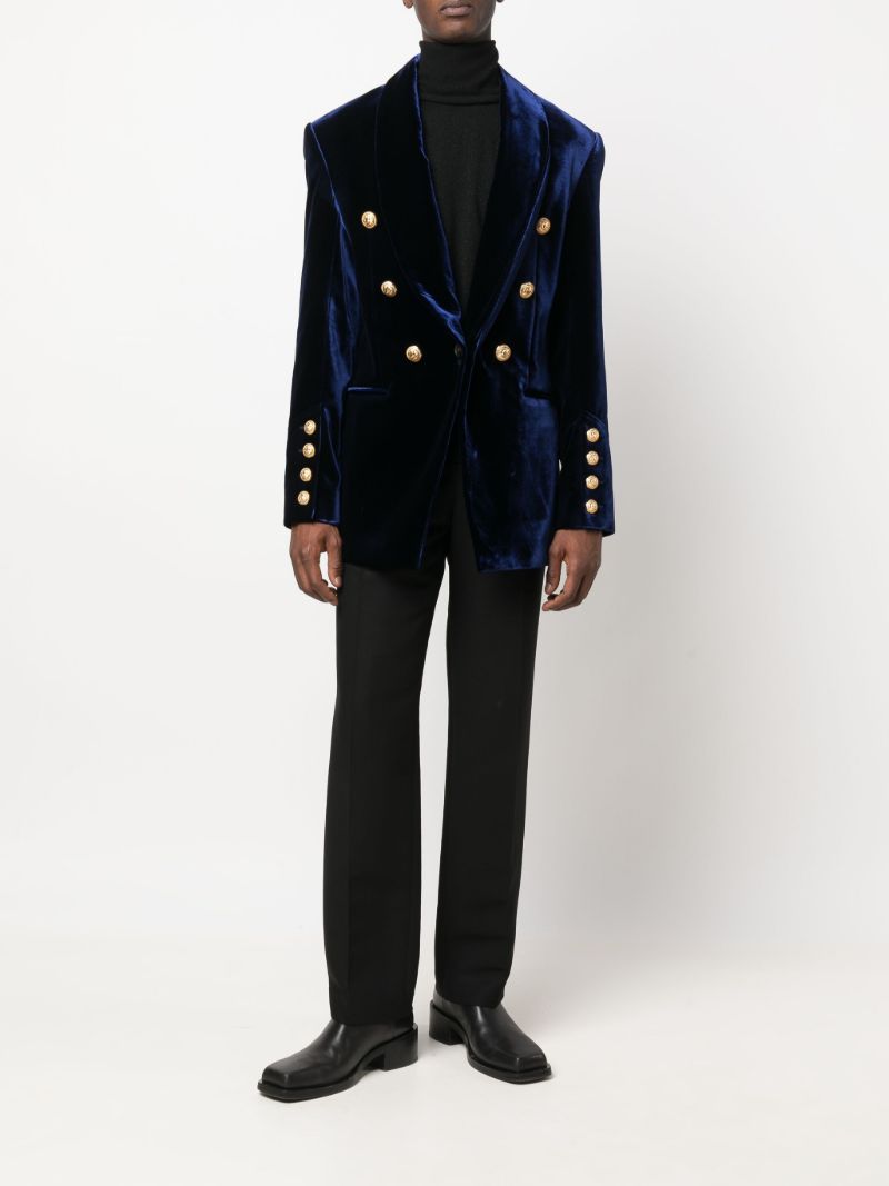 Navy Double-breasted Velvet Blazer