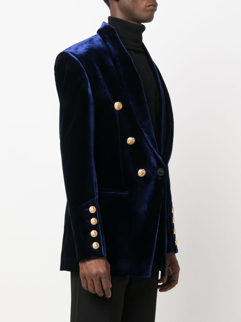 Navy Double-breasted Velvet Blazer