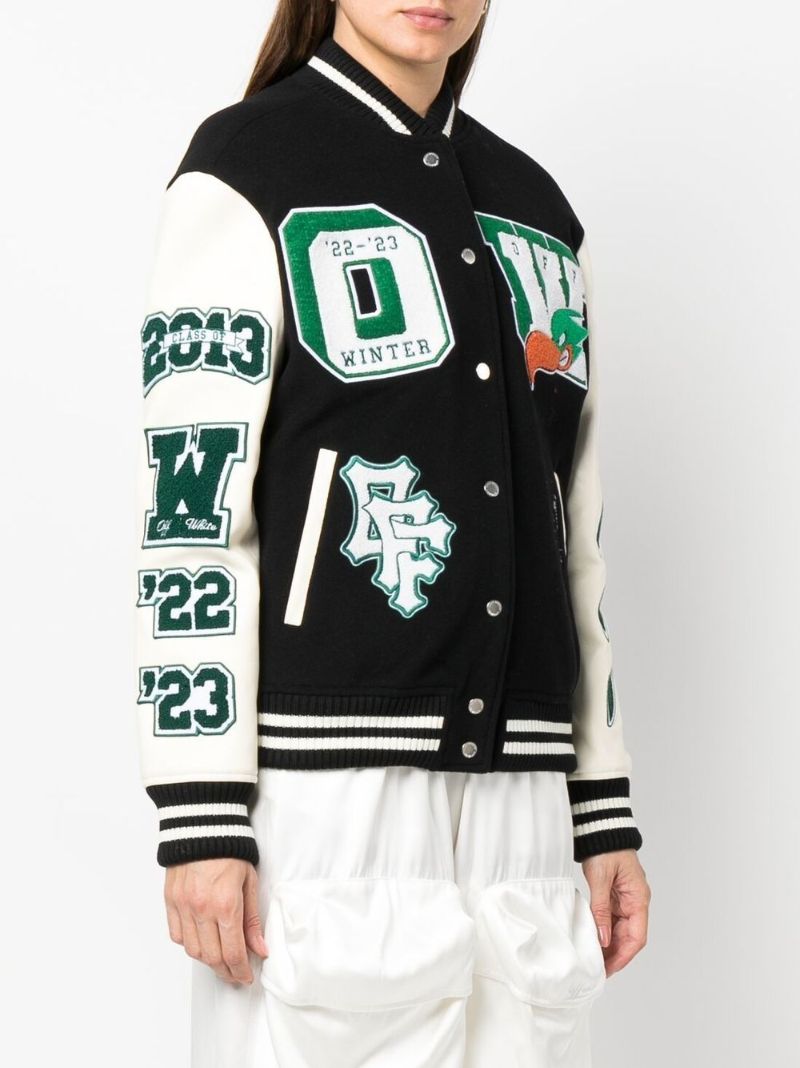 Off Wht Embrd Ptchs Vrsty Jkt