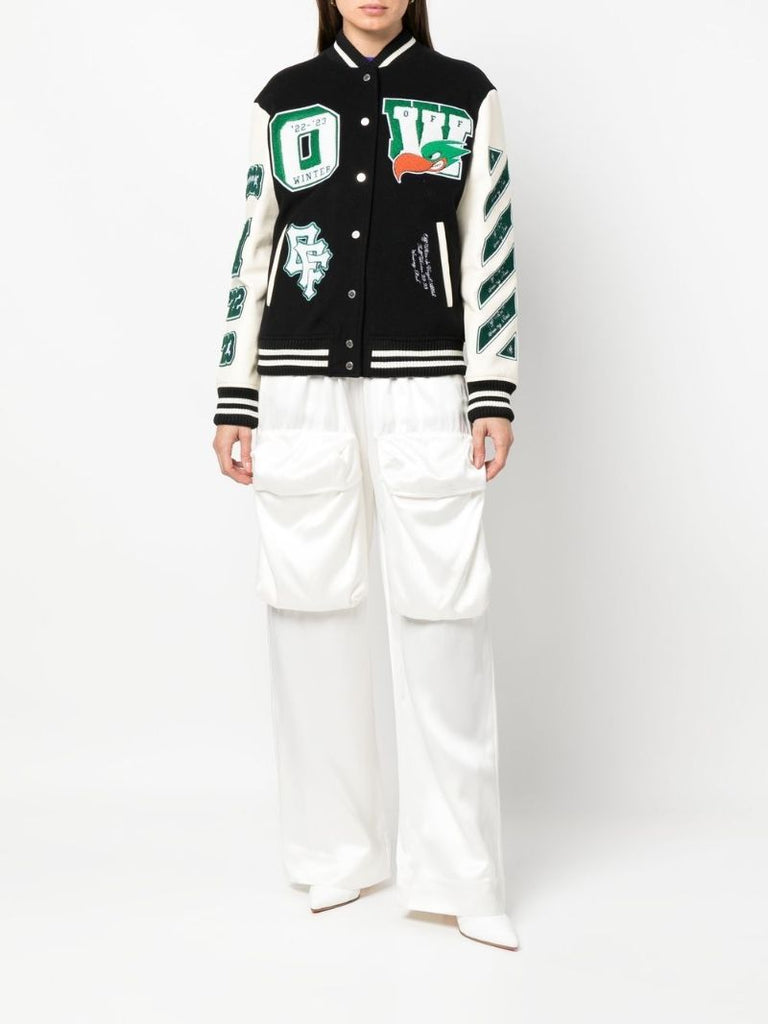 Off Wht Embrd Ptchs Vrsty Jkt