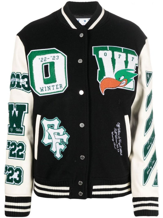 Off Wht Embrd Ptchs Vrsty Jkt