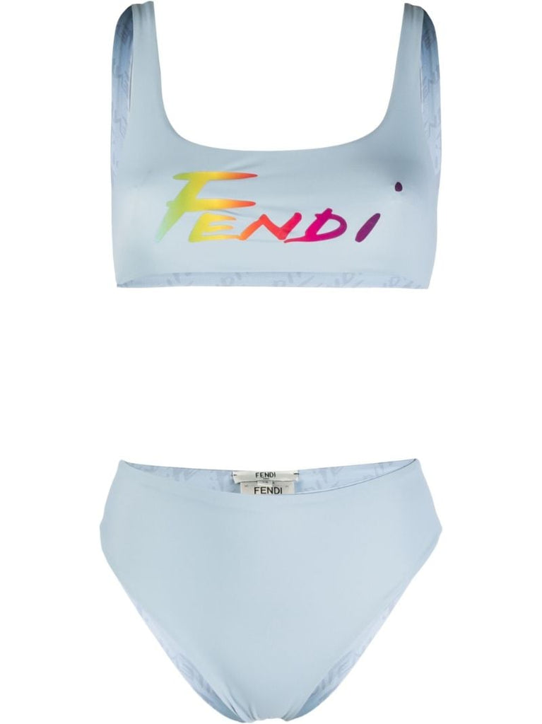 Blue Reversible Logo Print Bikini