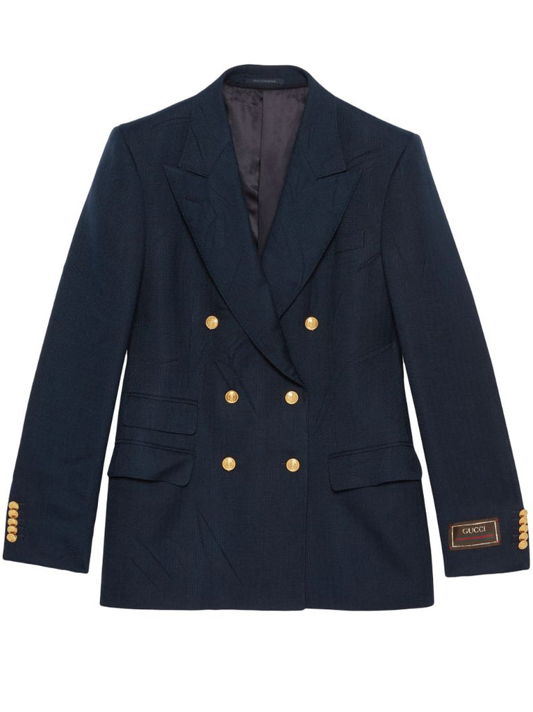 Blue Crease Effect Double-breasted Blazer