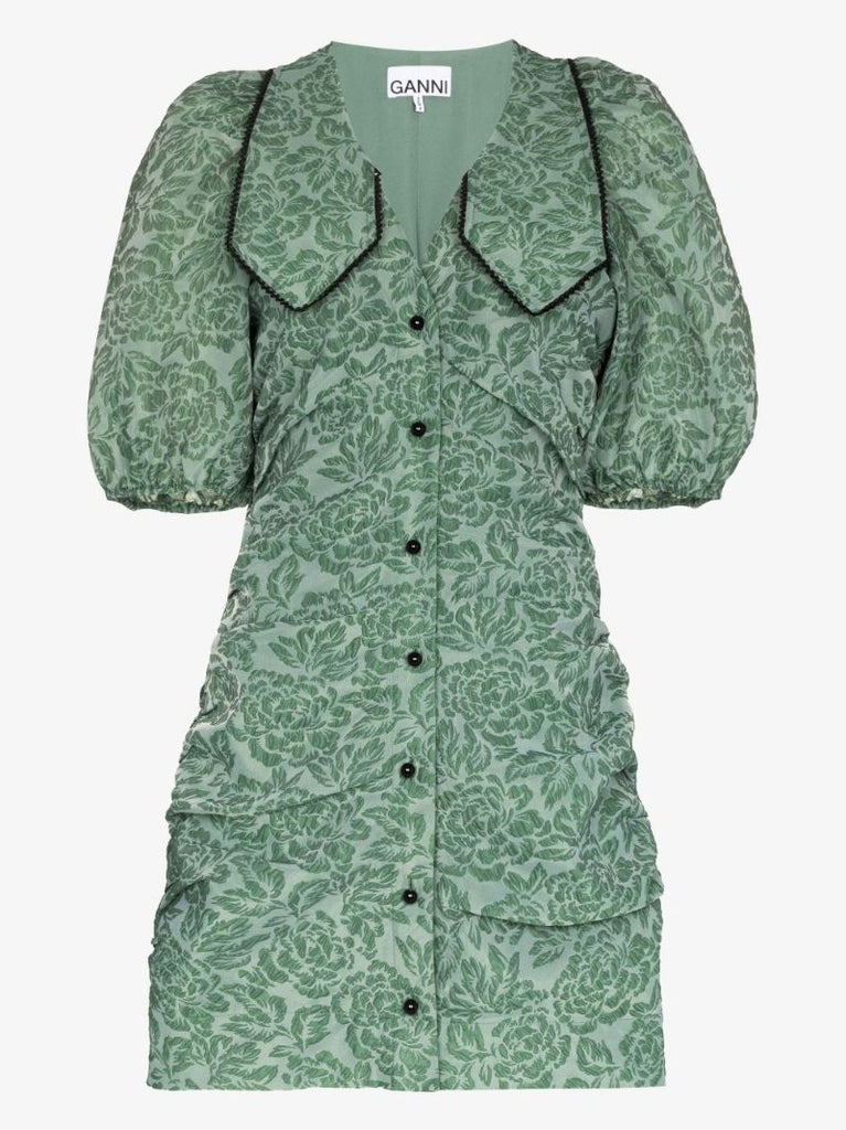 Green Floral Jacquard Mini Dress