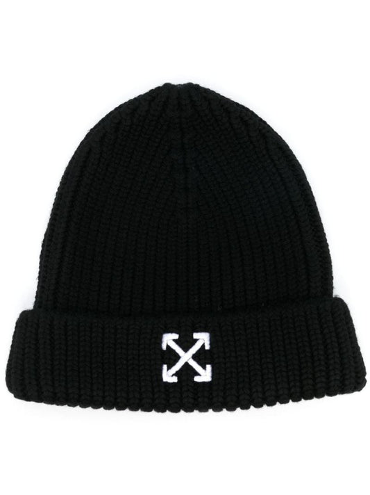 Black Arrows Motif Rib-knit Wool Beanie Hat