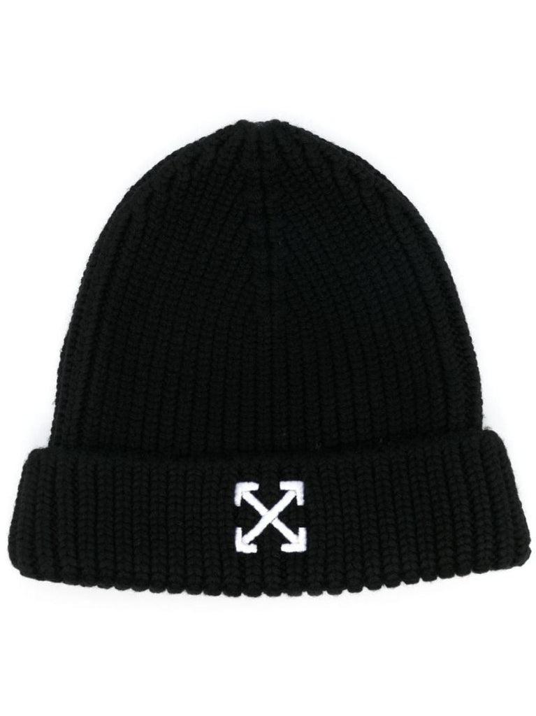 Black Arrows Motif Rib-knit Wool Beanie Hat