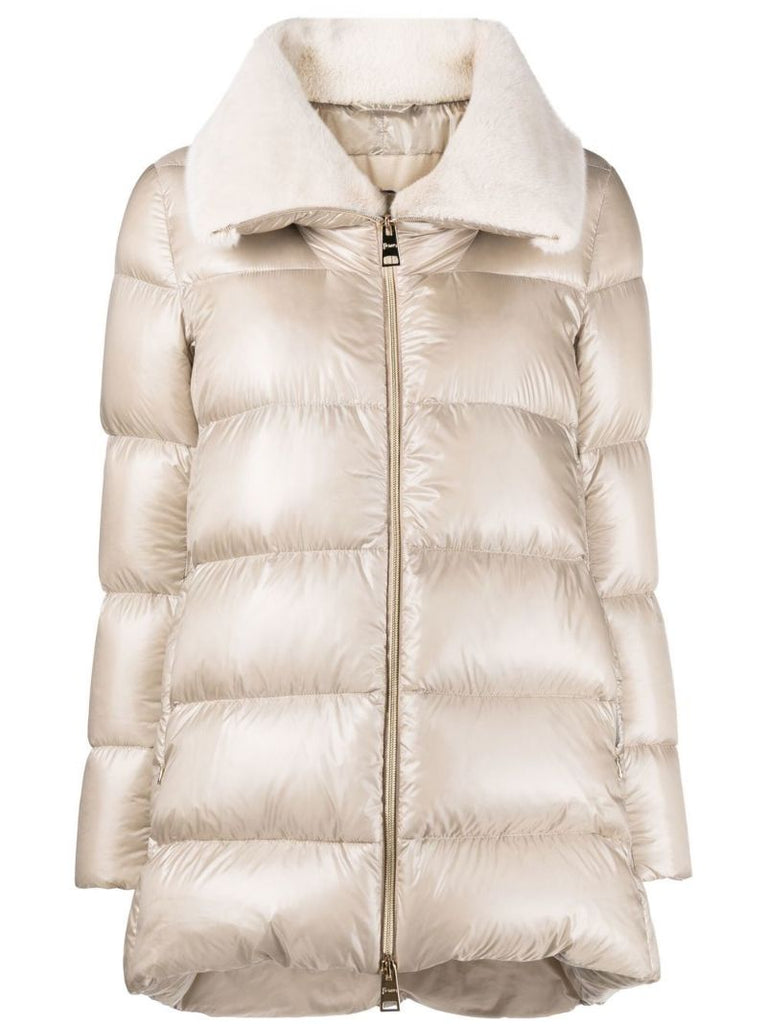 Neutral Shearling-collar Zip-up Padded Coat