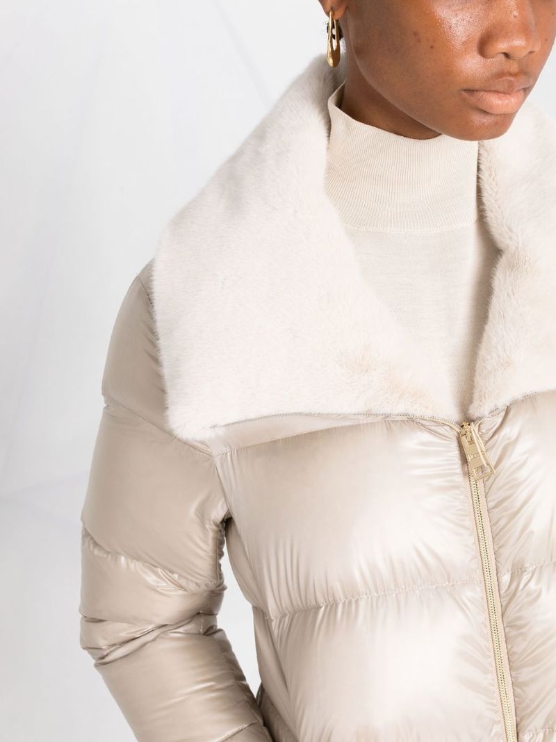 Neutral Shearling-collar Zip-up Padded Coat