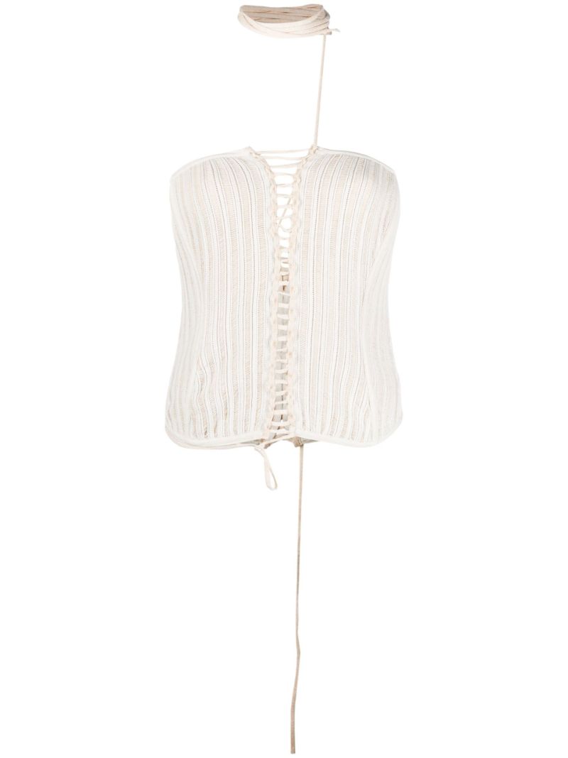 White Lace-up Cotton Knitted Top