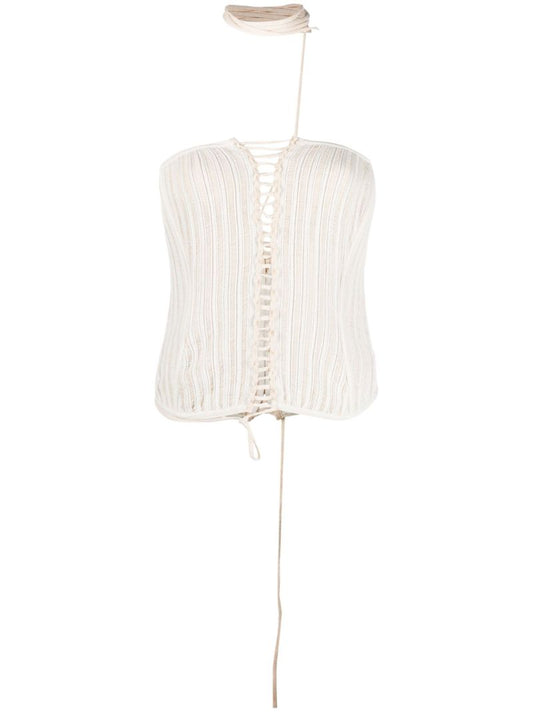White Lace-up Cotton Knitted Top