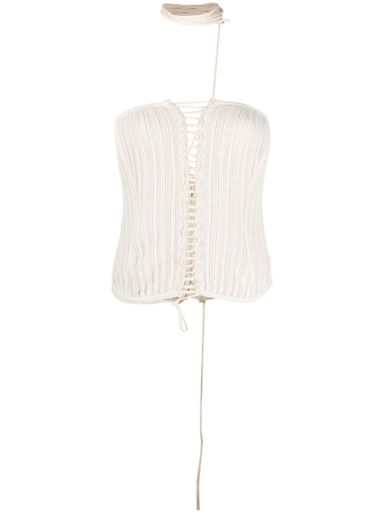 White Lace-up Cotton Knitted Top